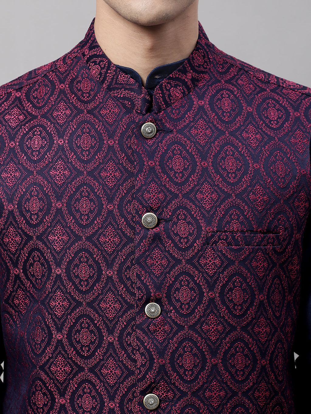 Jompers Men's Navy Blue Solid Kurta Pyjama with Maroon Woven Design Nehru Jacket | Grocsy