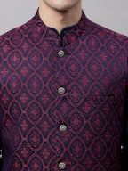 Jompers Men's Navy Blue Solid Kurta Pyjama with Maroon Woven Design Nehru Jacket | Grocsy
