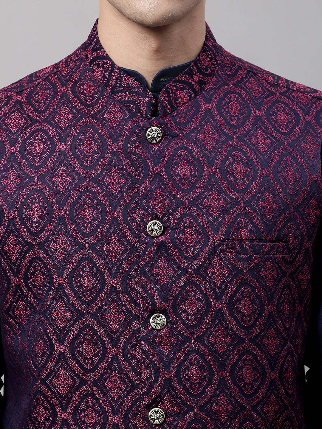 Jompers Men's Navy Blue Solid Kurta Pyjama with Maroon Woven Design Nehru Jacket | Grocsy