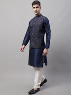 Jompers Men's Navy Blue Solid Kurta Pyjama with Silver Woven Design Nehru Jacket | Grocsy