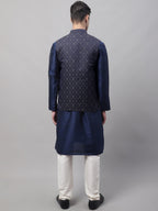 Jompers Men's Navy Blue Solid Kurta Pyjama with Silver Woven Design Nehru Jacket | Grocsy