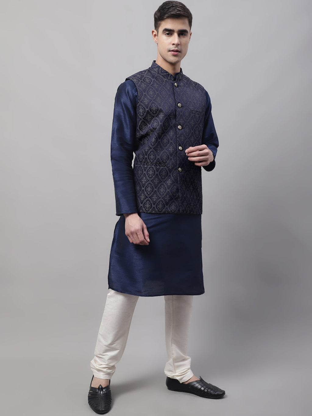 Jompers Men's Navy Blue Solid Kurta Pyjama with Silver Woven Design Nehru Jacket | Grocsy