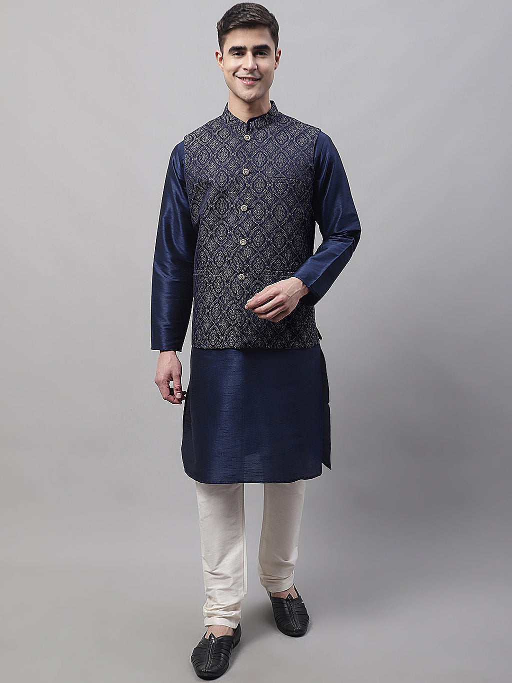 Jompers Men's Navy Blue Solid Kurta Pyjama with Silver Woven Design Nehru Jacket | Grocsy