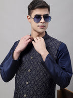 Jompers Men's Navy Blue Solid Kurta Pyjama with Silver Woven Design Nehru Jacket | Grocsy