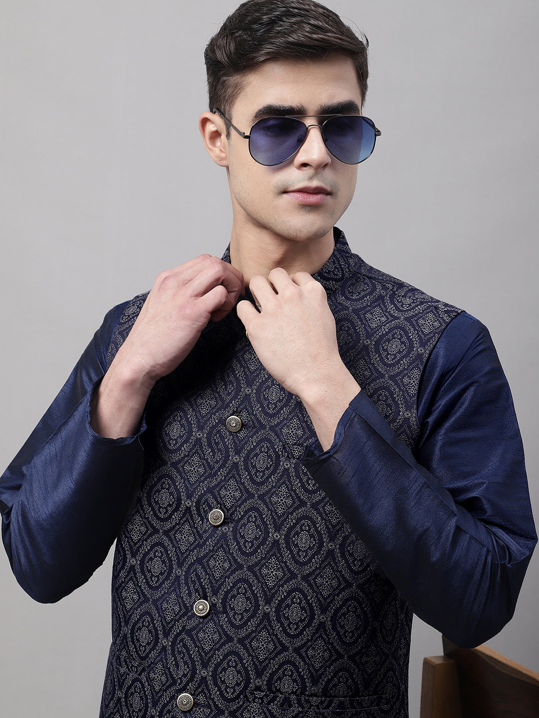 Jompers Men's Navy Blue Solid Kurta Pyjama with Silver Woven Design Nehru Jacket | Grocsy