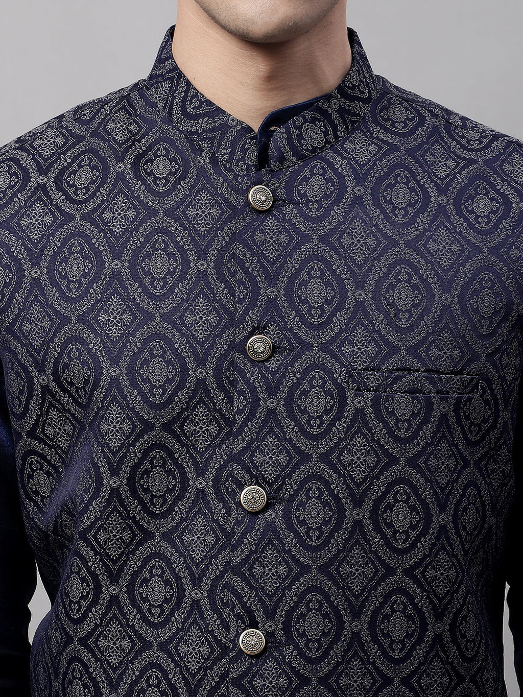 Jompers Men's Navy Blue Solid Kurta Pyjama with Silver Woven Design Nehru Jacket | Grocsy