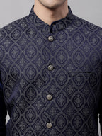 Jompers Men's Navy Blue Solid Kurta Pyjama with Silver Woven Design Nehru Jacket | Grocsy
