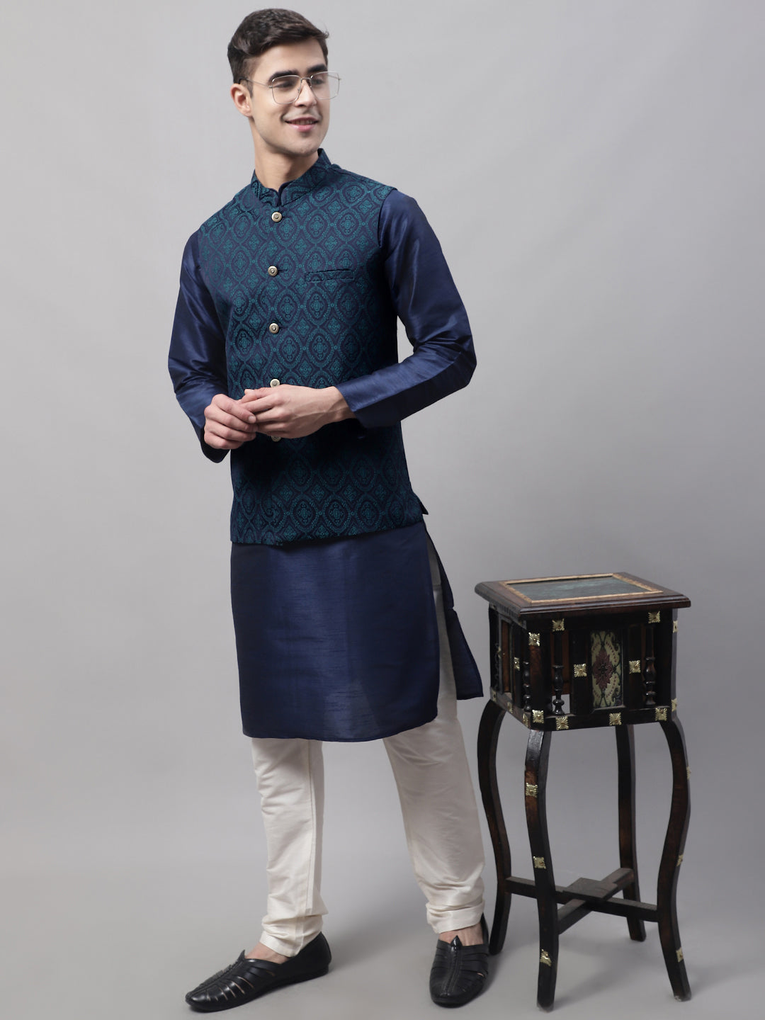 Jompers Men's Navy Blue Solid Kurta Pyjama with Green Woven Design Nehru Jacket | Grocsy