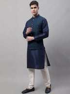 Jompers Men's Navy Blue Solid Kurta Pyjama with Green Woven Design Nehru Jacket | Grocsy