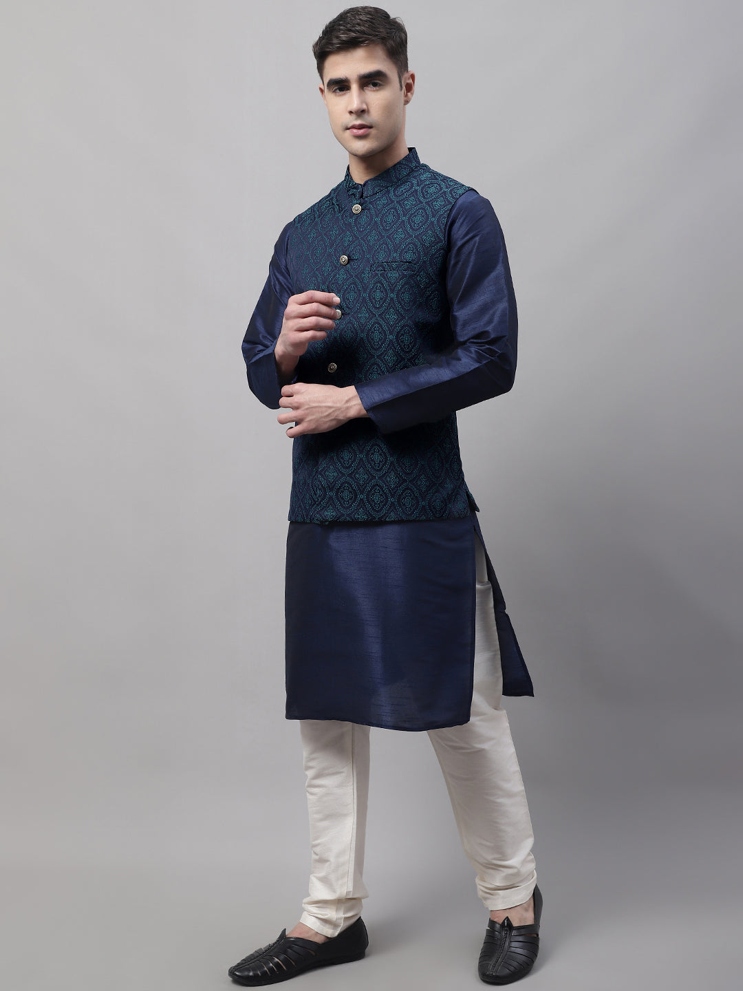 Jompers Men's Navy Blue Solid Kurta Pyjama with Green Woven Design Nehru Jacket | Grocsy