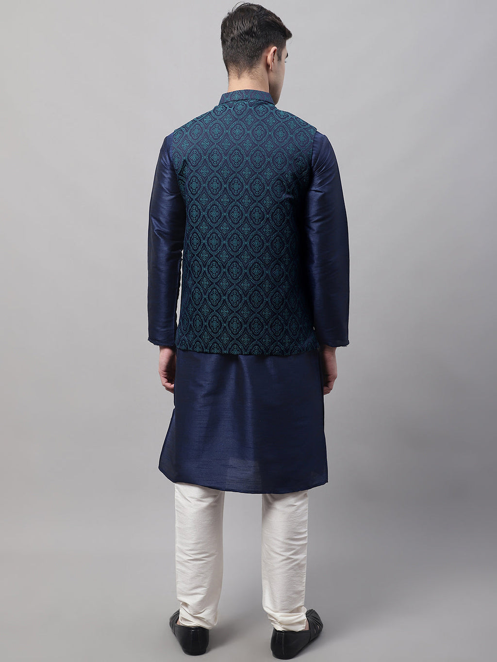 Jompers Men's Navy Blue Solid Kurta Pyjama with Green Woven Design Nehru Jacket | Grocsy