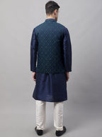 Jompers Men's Navy Blue Solid Kurta Pyjama with Green Woven Design Nehru Jacket | Grocsy
