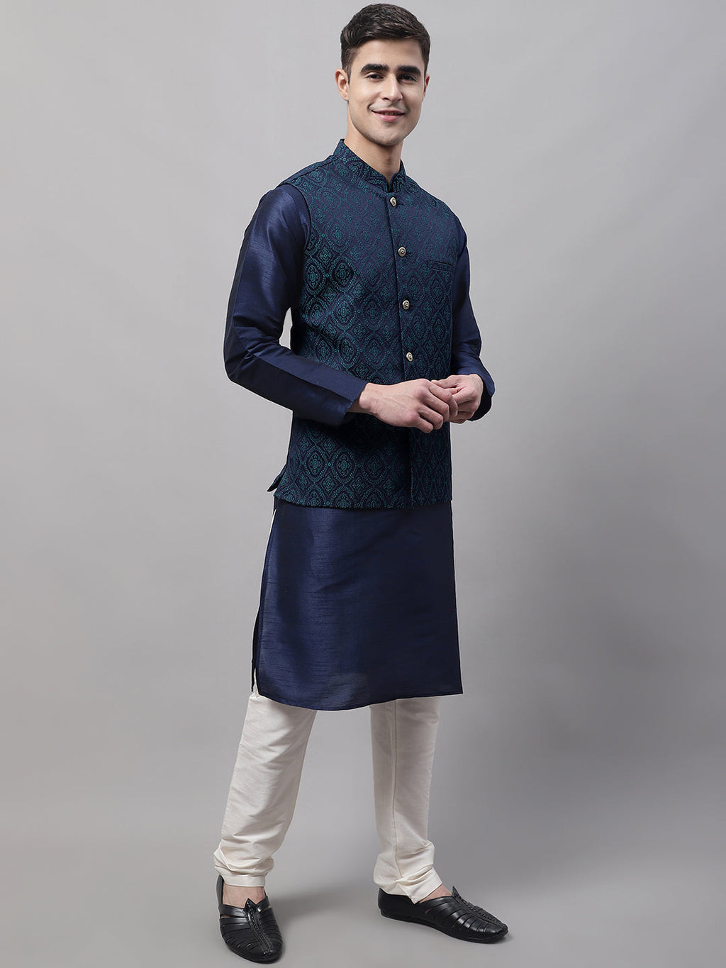 Jompers Men's Navy Blue Solid Kurta Pyjama with Green Woven Design Nehru Jacket | Grocsy