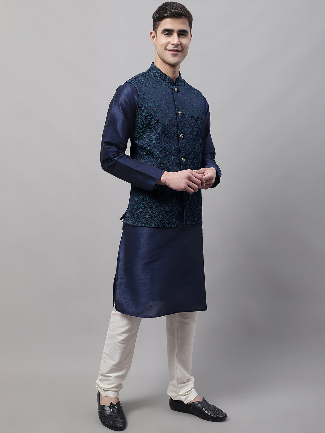 Jompers Men's Navy Blue Solid Kurta Pyjama with Green Woven Design Nehru Jacket | Grocsy