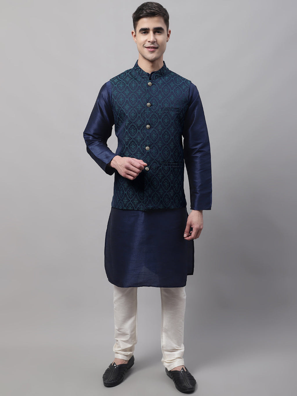Jompers Men's Navy Blue Solid Kurta Pyjama with Green Woven Design Nehru Jacket | Grocsy