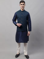 Jompers Men's Navy Blue Solid Kurta Pyjama with Green Woven Design Nehru Jacket | Grocsy