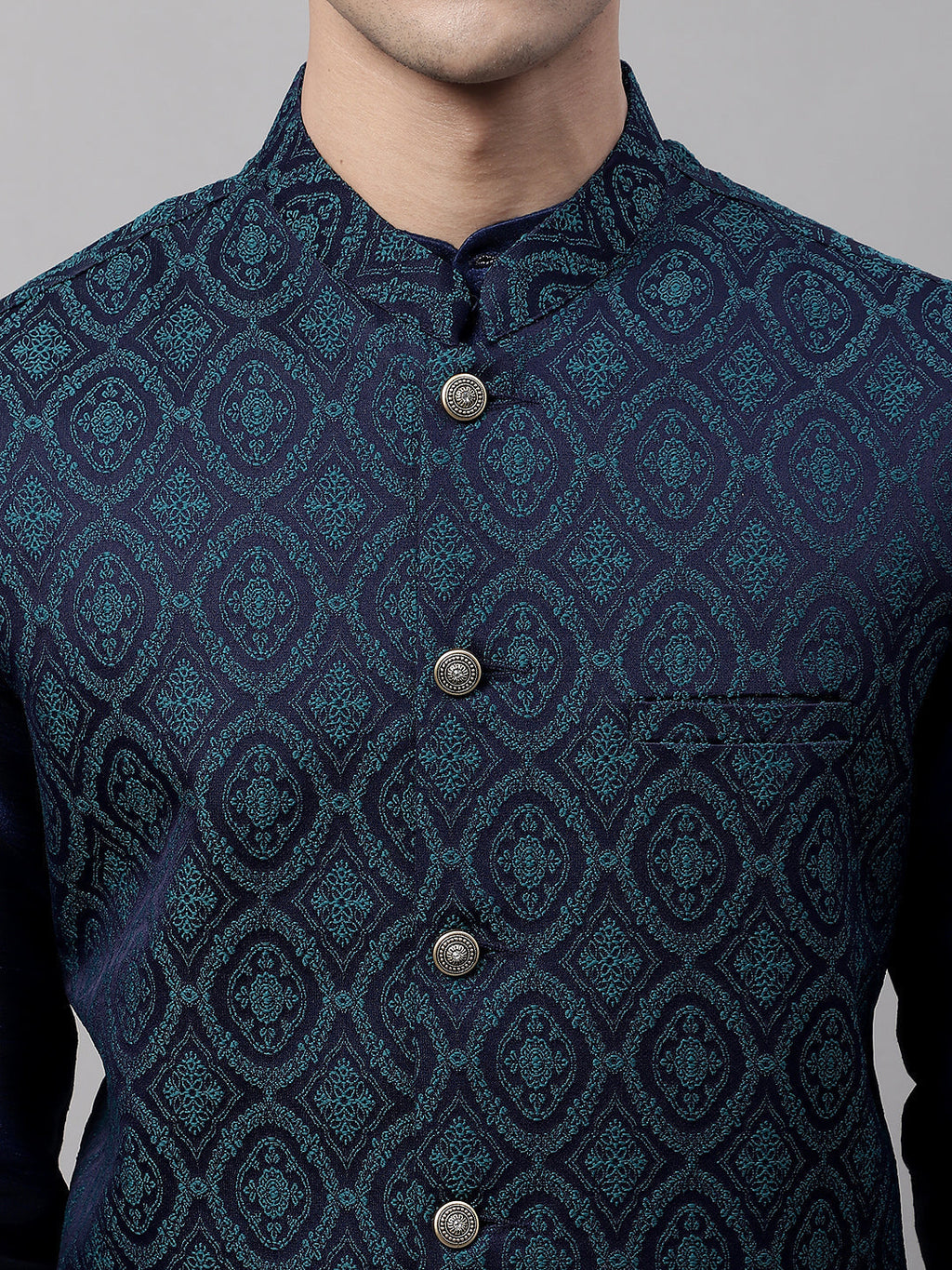 Jompers Men's Navy Blue Solid Kurta Pyjama with Green Woven Design Nehru Jacket | Grocsy