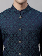 Jompers Men's Navy Blue Solid Kurta Pyjama with Green Woven Design Nehru Jacket | Grocsy