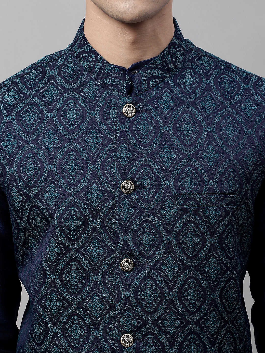 Jompers Men's Navy Blue Solid Kurta Pyjama with Green Woven Design Nehru Jacket | Grocsy