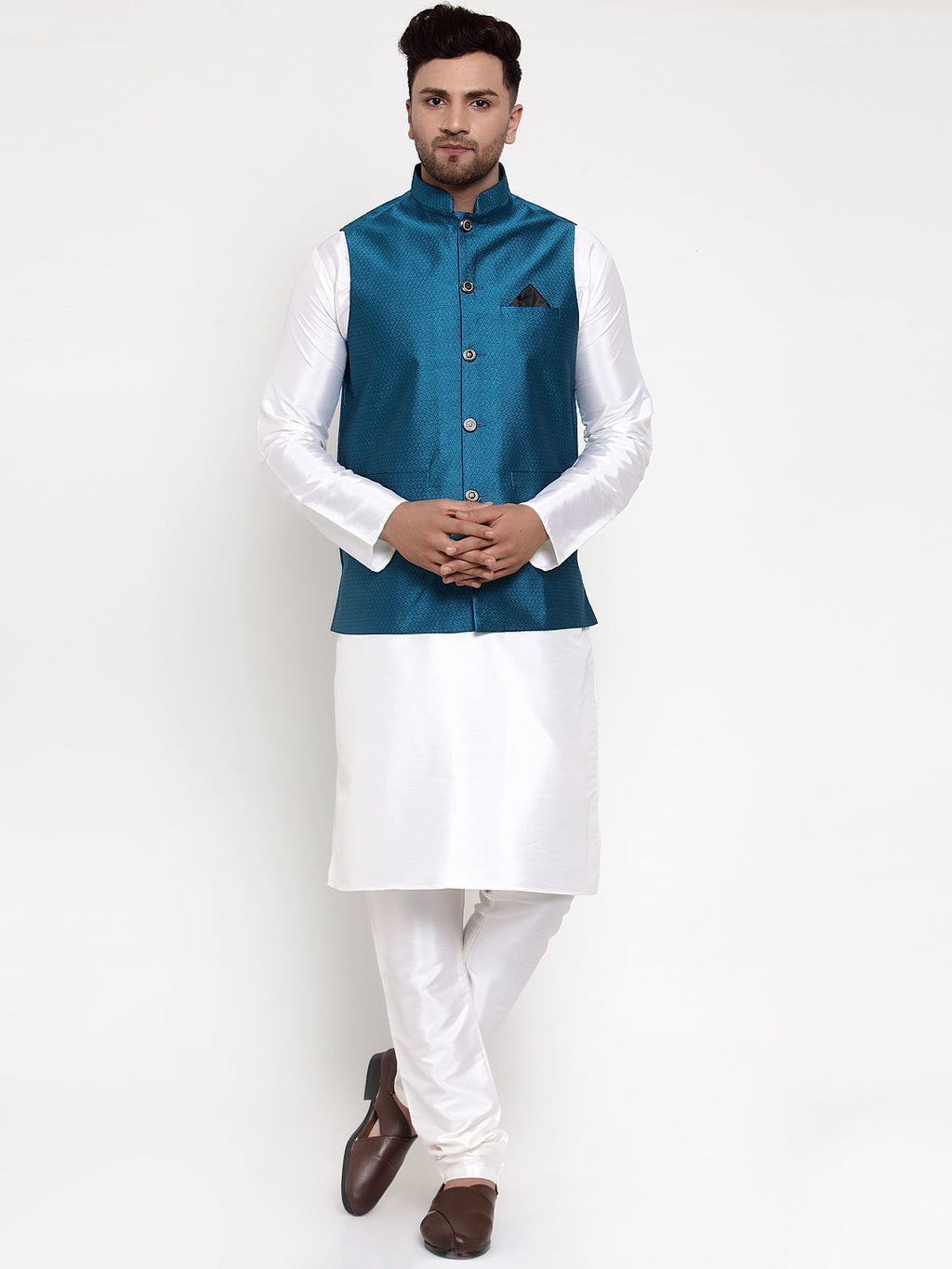 Jompers Men's Solid Dupion Kurta Pajama with Woven Nehru Jacket (Blue) | Grocsy