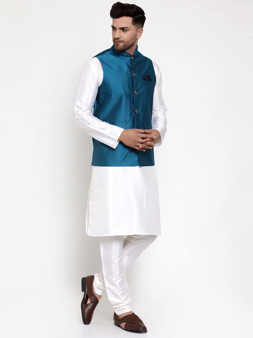 Jompers Men's Solid Dupion Kurta Pajama with Woven Nehru Jacket (Blue) | Grocsy