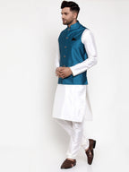 Jompers Men's Solid Dupion Kurta Pajama with Woven Nehru Jacket (Blue) | Grocsy