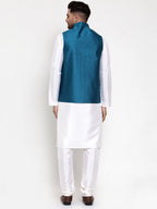 Jompers Men's Solid Dupion Kurta Pajama with Woven Nehru Jacket (Blue) | Grocsy