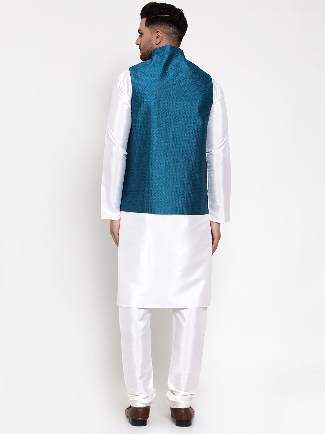 Jompers Men's Solid Dupion Kurta Pajama with Woven Nehru Jacket (Blue) | Grocsy