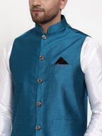 Jompers Men's Solid Dupion Kurta Pajama with Woven Nehru Jacket (Blue) | Grocsy