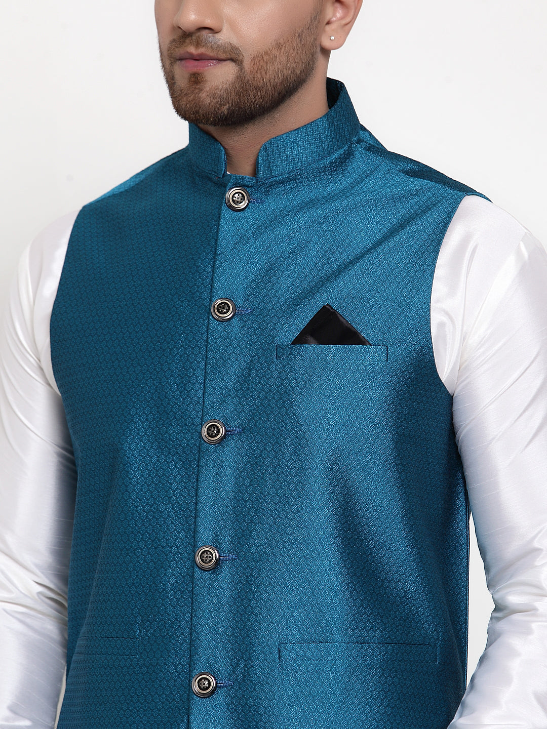 Jompers Men's Solid Dupion Kurta Pajama with Woven Nehru Jacket (Blue) | Grocsy