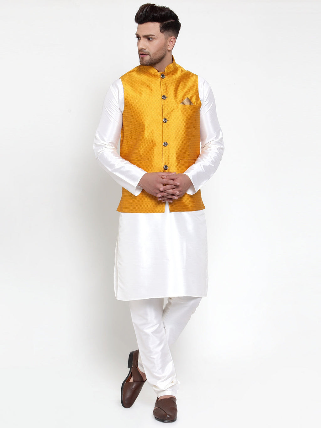 Jompers Men Solid Dupion Kurta Pajama with Woven Nehru Jacket (Yellow) | Grocsy