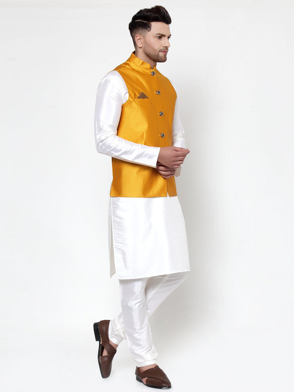 Jompers Men Solid Dupion Kurta Pajama with Woven Nehru Jacket (Yellow) | Grocsy