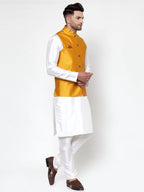 Jompers Men Solid Dupion Kurta Pajama with Woven Nehru Jacket (Yellow) | Grocsy