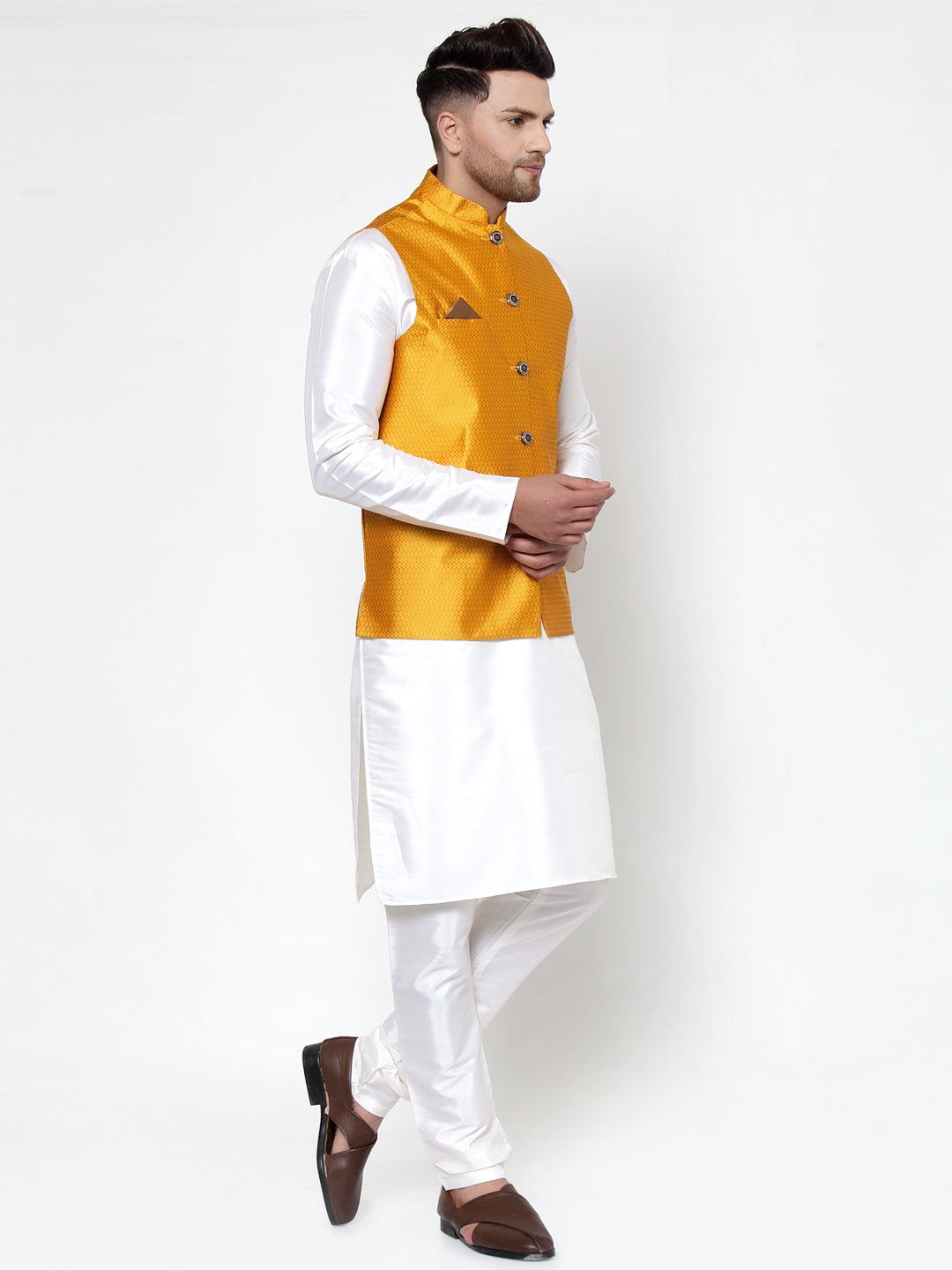 Jompers Men Solid Dupion Kurta Pajama with Woven Nehru Jacket (Yellow) | Grocsy