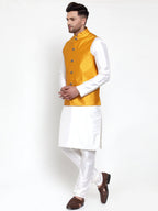 Jompers Men Solid Dupion Kurta Pajama with Woven Nehru Jacket (Yellow) | Grocsy