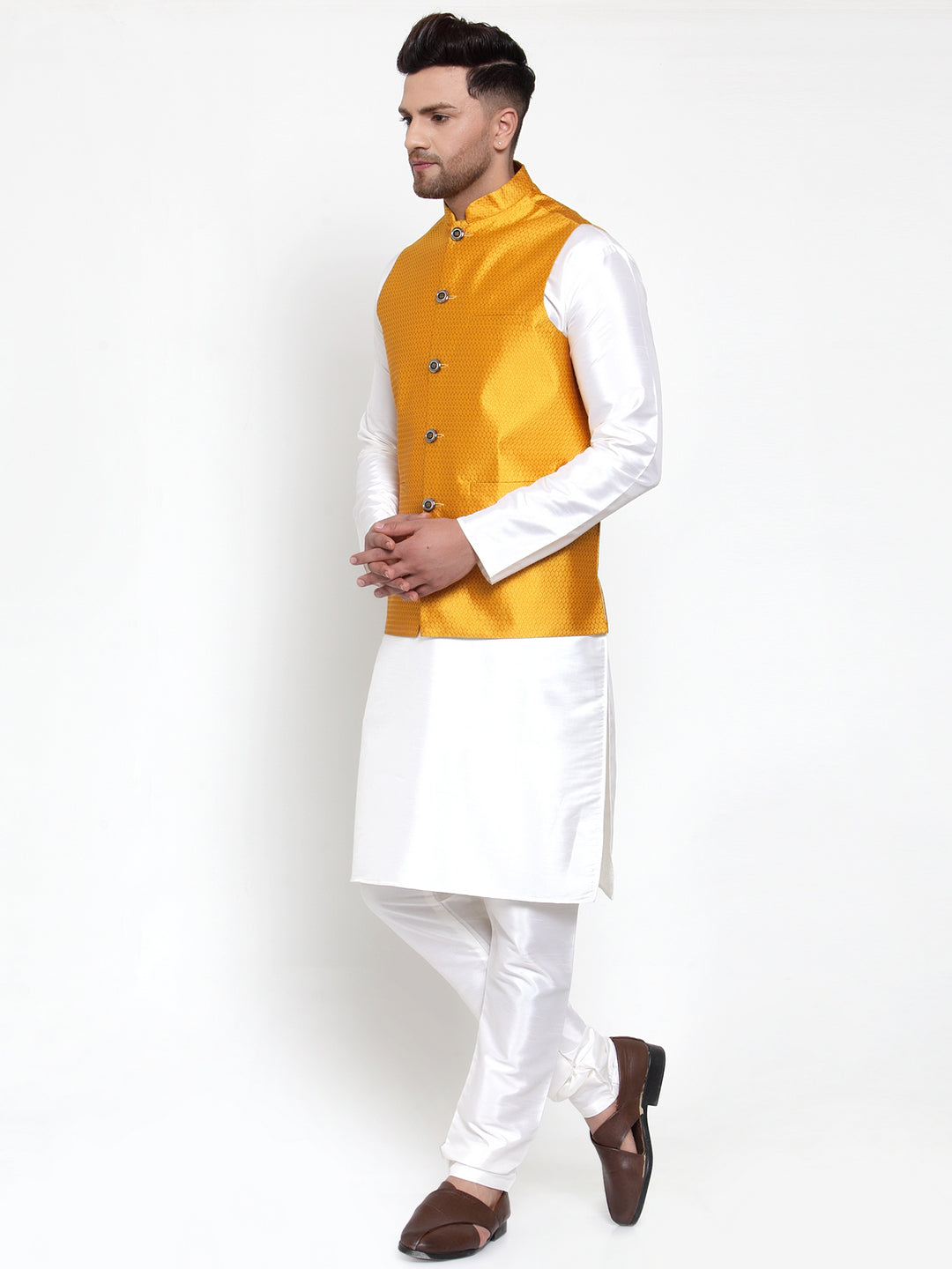 Jompers Men Solid Dupion Kurta Pajama with Woven Nehru Jacket (Yellow) | Grocsy