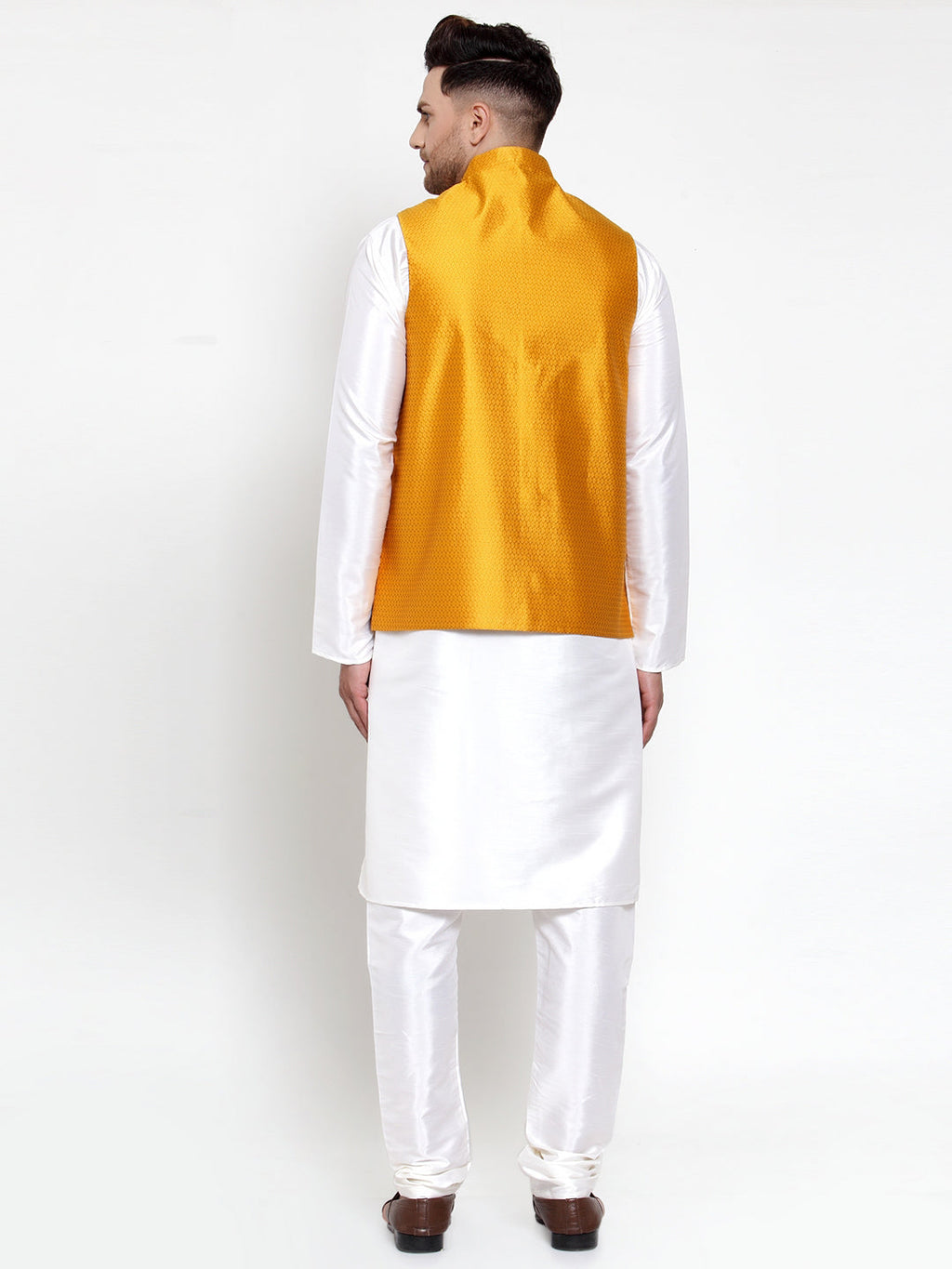 Jompers Men Solid Dupion Kurta Pajama with Woven Nehru Jacket (Yellow) | Grocsy