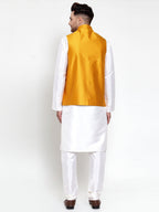 Jompers Men Solid Dupion Kurta Pajama with Woven Nehru Jacket (Yellow) | Grocsy