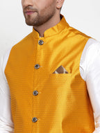 Jompers Men Solid Dupion Kurta Pajama with Woven Nehru Jacket (Yellow) | Grocsy