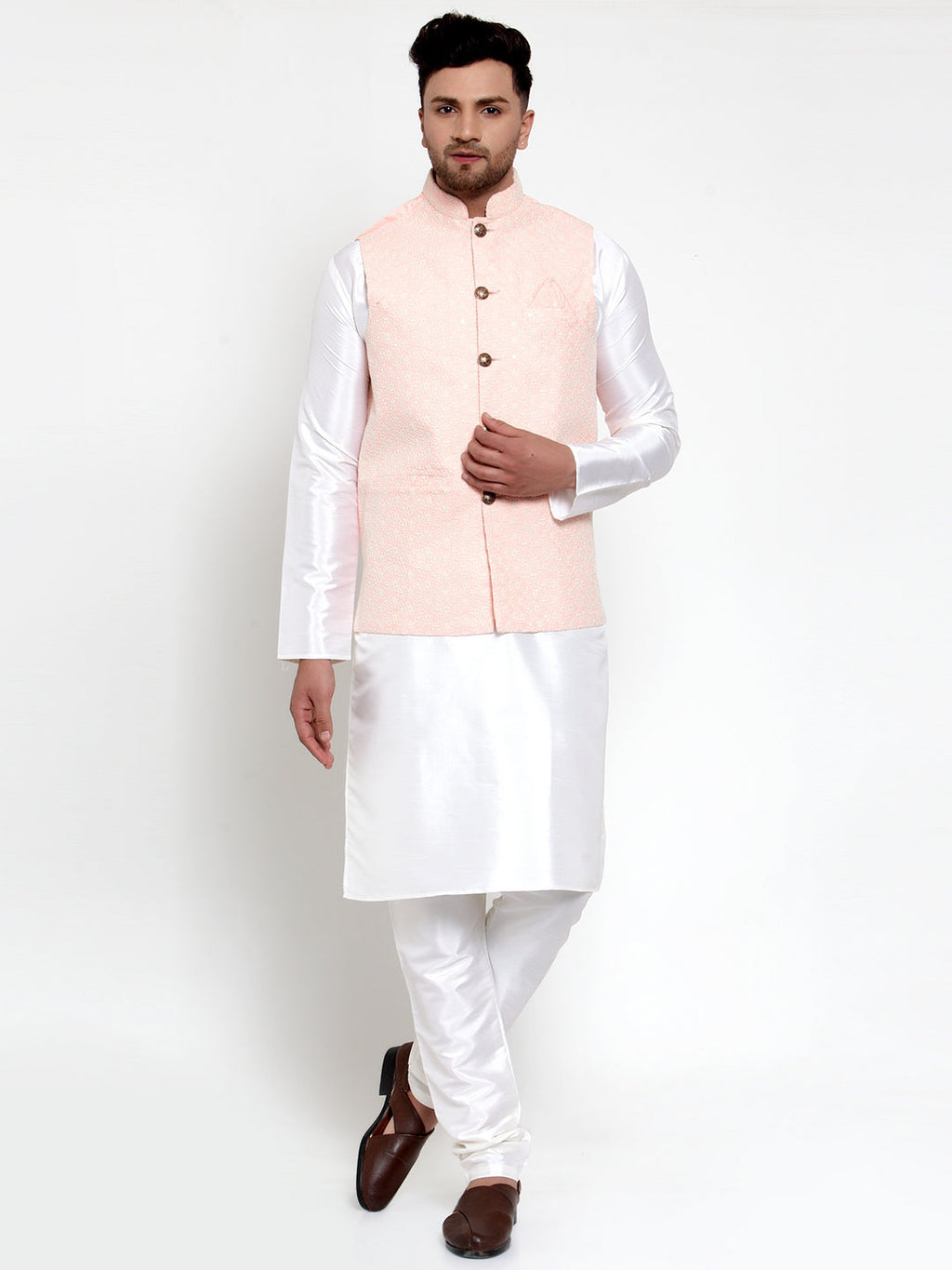 Jompers Men's Solid Dupion Kurta Pajama with Embroiderd Nehru Pink Jacket | Grocsy