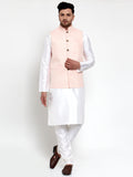 Jompers Men's Solid Dupion Kurta Pajama with Embroiderd Nehru Pink Jacket | Grocsy