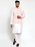 Jompers Men's Solid Dupion Kurta Pajama with Embroiderd Nehru Pink Jacket | Grocsy