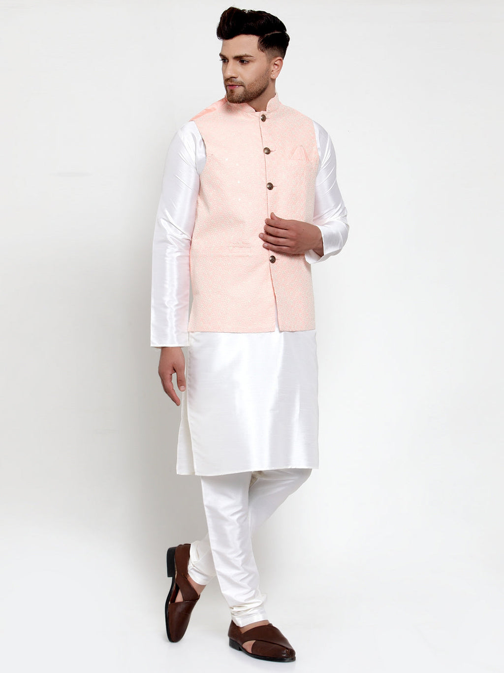 Jompers Men's Solid Dupion Kurta Pajama with Embroiderd Nehru Pink Jacket | Grocsy