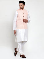 Jompers Men's Solid Dupion Kurta Pajama with Embroiderd Nehru Pink Jacket | Grocsy