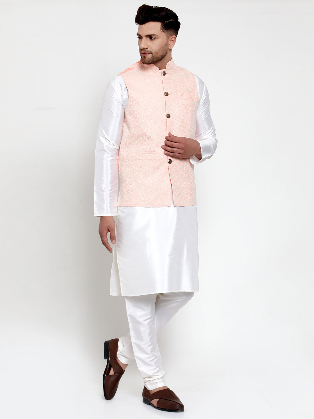 Jompers Men's Solid Dupion Kurta Pajama with Embroiderd Nehru Pink Jacket | Grocsy