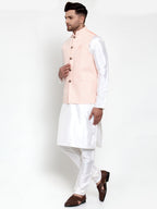 Jompers Men's Solid Dupion Kurta Pajama with Embroiderd Nehru Pink Jacket | Grocsy