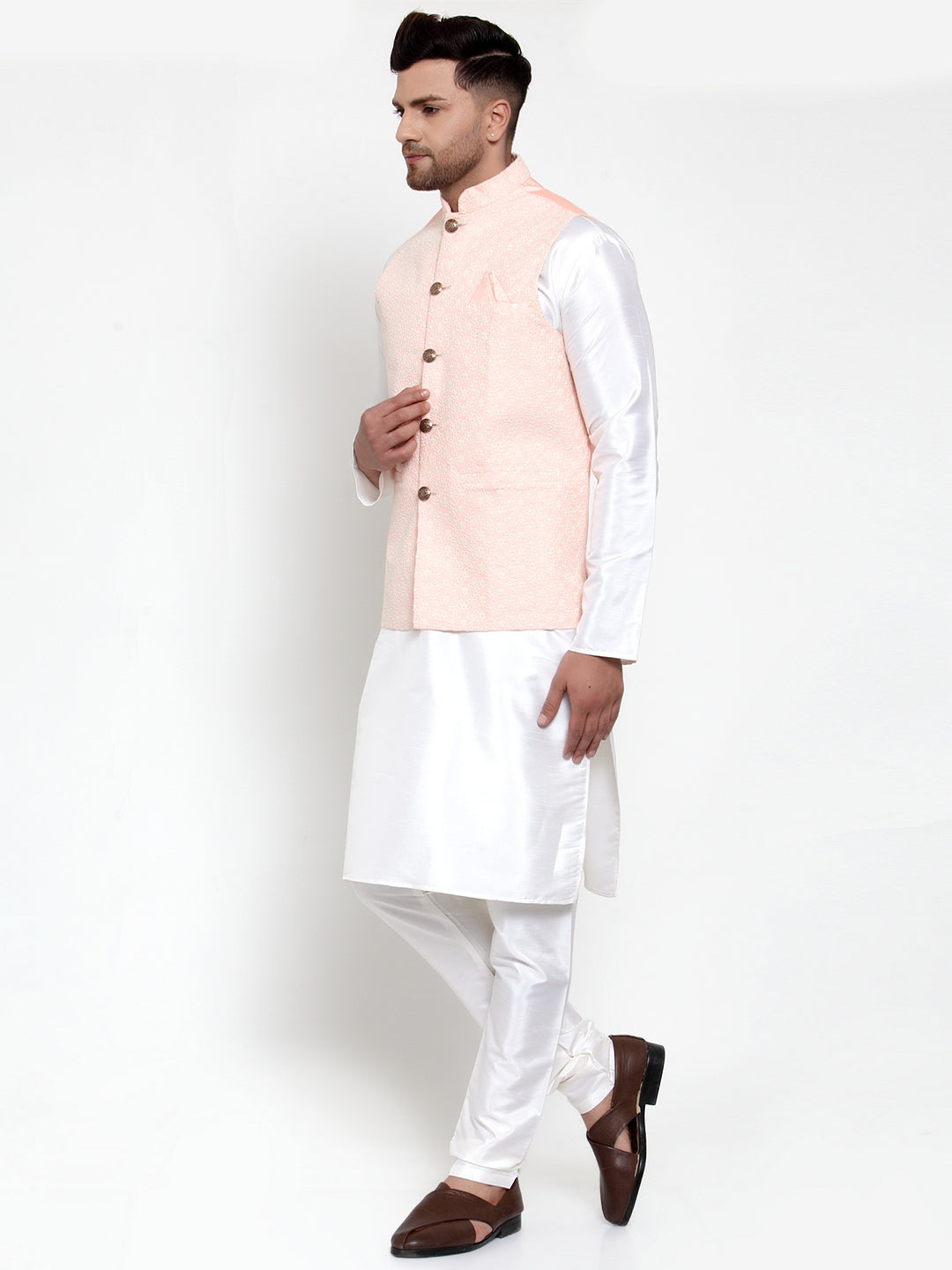 Jompers Men's Solid Dupion Kurta Pajama with Embroiderd Nehru Pink Jacket | Grocsy