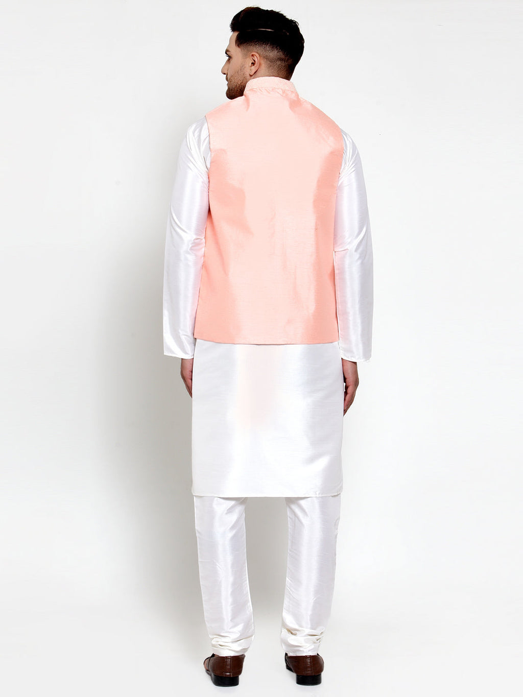 Jompers Men's Solid Dupion Kurta Pajama with Embroiderd Nehru Pink Jacket | Grocsy