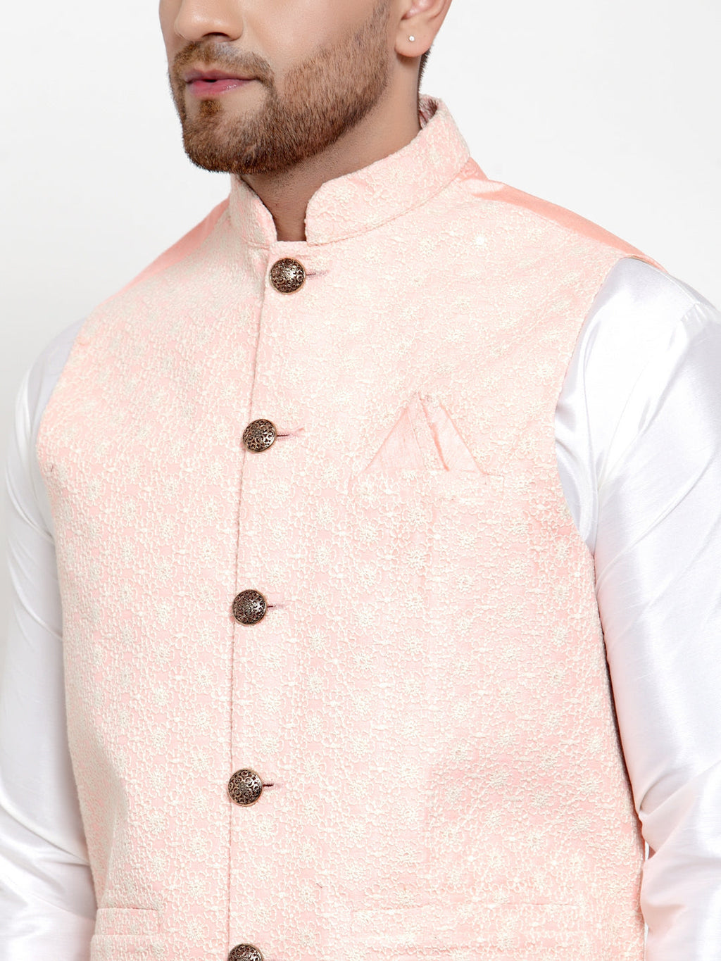 Jompers Men's Solid Dupion Kurta Pajama with Embroiderd Nehru Pink Jacket | Grocsy