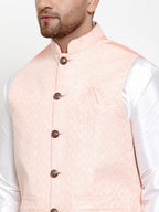 Jompers Men's Solid Dupion Kurta Pajama with Embroiderd Nehru Pink Jacket | Grocsy